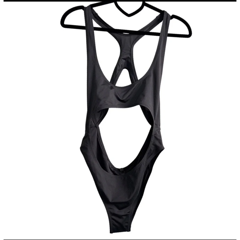 SKIMS Swim Monokini Onyx Black Cut Out Racerback One Piece Large NEW